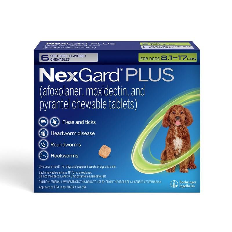 NexGard PLUS Chewables for Dogs 8.1-17 lbs Green 6 Month Supply