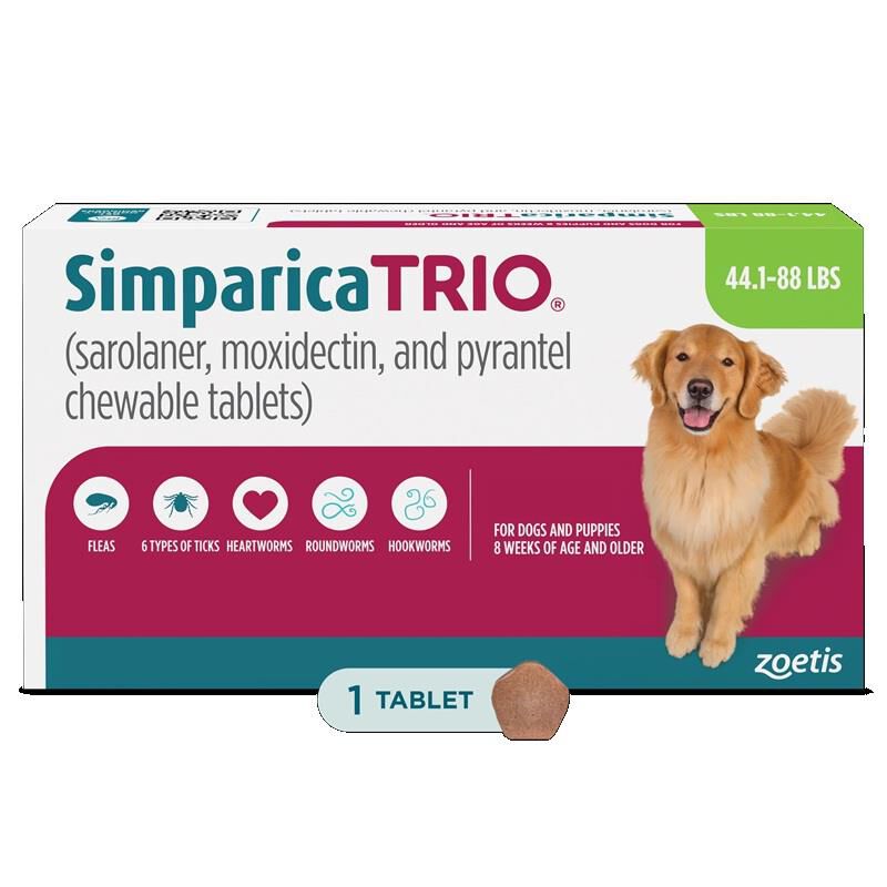 Simparica Trio Chewable Tablets for Dogs 44.1-88 lbs Green, 1 Month Supply