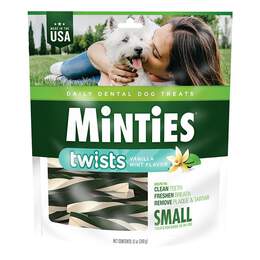 Minties Twists Small Dental Dog Treats for Dogs 10-30 lbs Vanilla Mint Flavor
