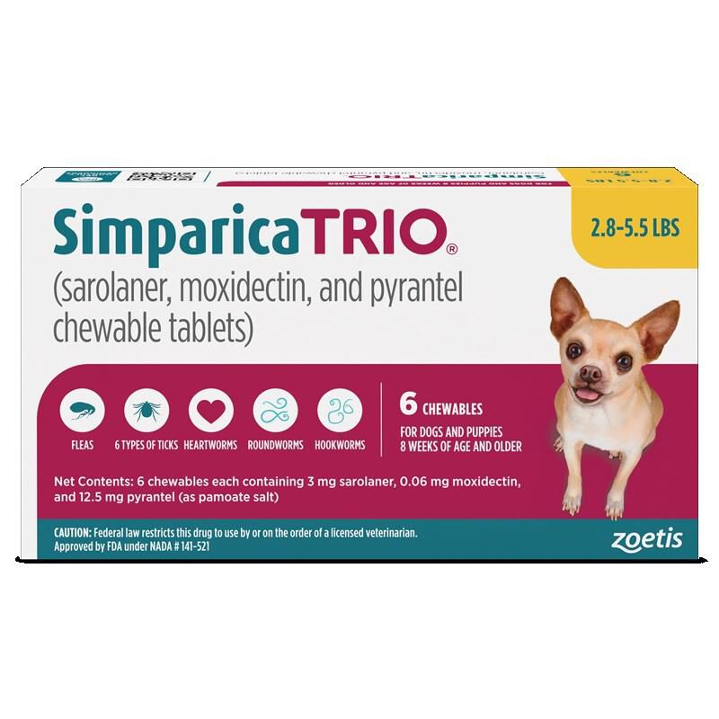 Simparica Trio Chewable Tablets for Dogs 2.8-5.5 lbs Gold, 6 Month Supply