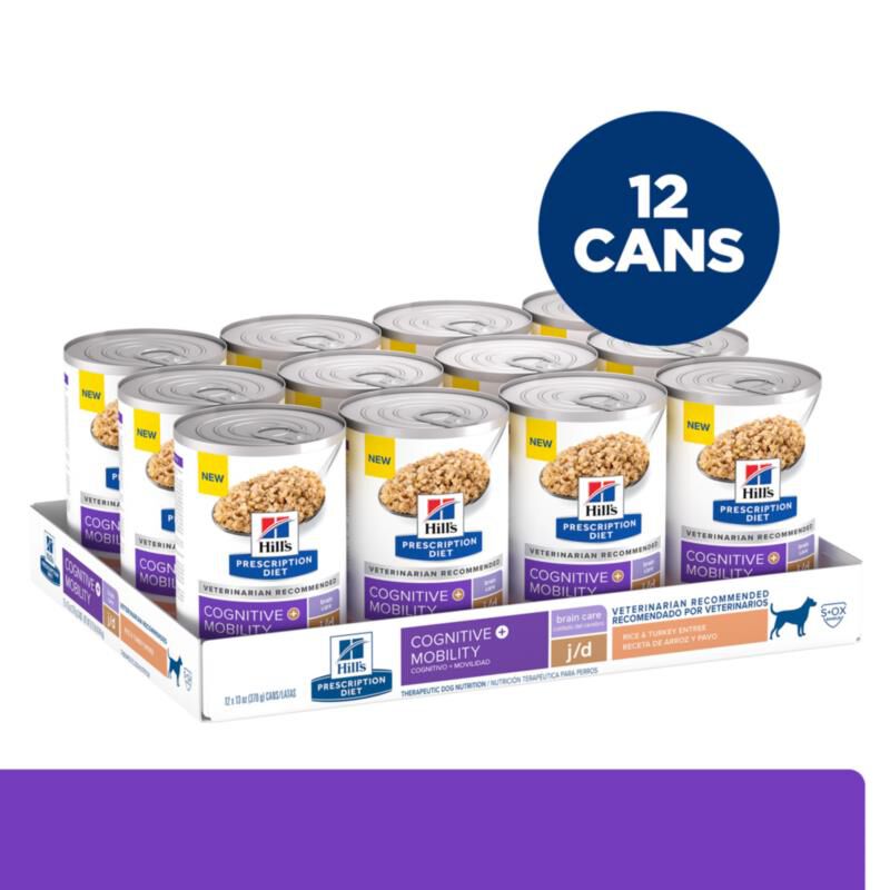 Hill&rsquo;s Prescription Diet Brain Care + j/d Joint Care Rice & Turkey Wet Dog Food, 12 x 13 oz cans