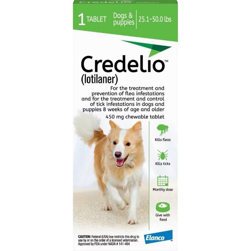 Credelio Flea & Tick Chewable Tablets for Dogs & Puppies 25.1-50 lbs (450 mg) Green 1 Month Supply