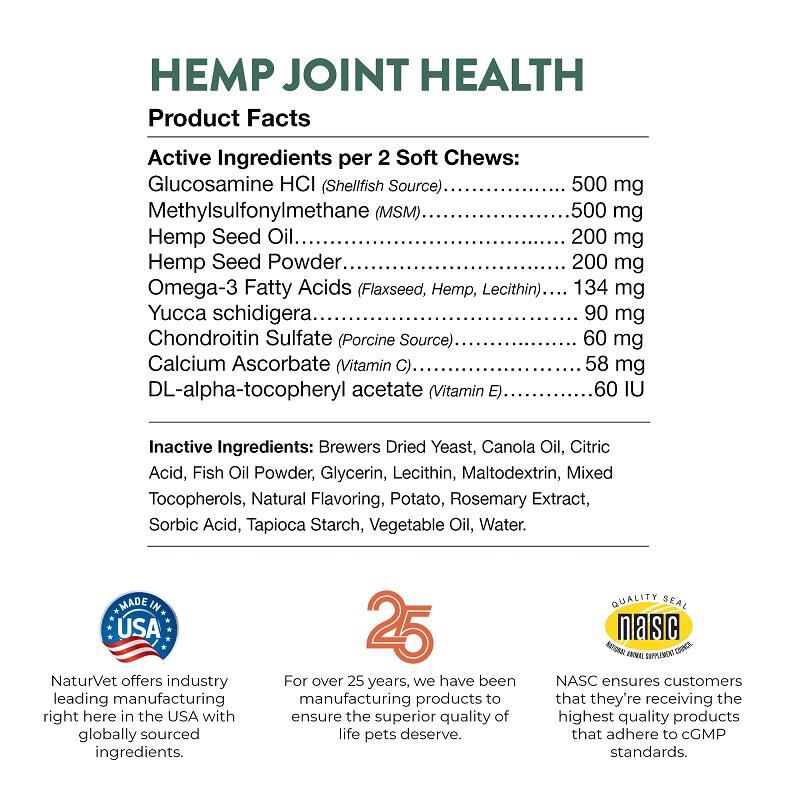 NaturVet Hemp Joint Health Plus Hemp Seed Soft Chews for Dogs, 60 Ct.