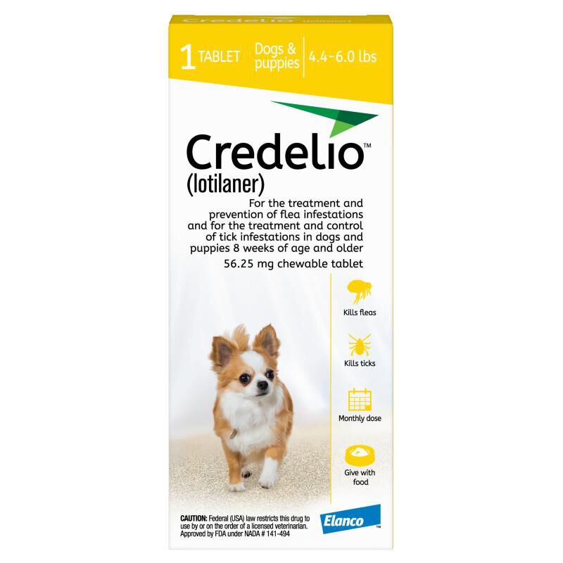 Credelio Flea & Tick Chewable Tablets for Dogs & Puppies 4.4-6 lbs (56.25 mg) Yellow 1 Month Supply