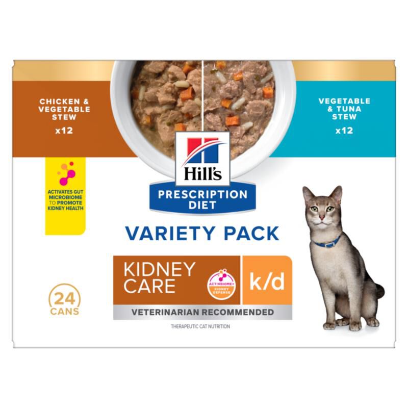 Hill's Prescription Diet k/d Variety Pack Wet Cat Food, Chicken & Vegetable, Stew & Vegetable, Tuna & Rice Stew, 24 x 2.9 oz cans