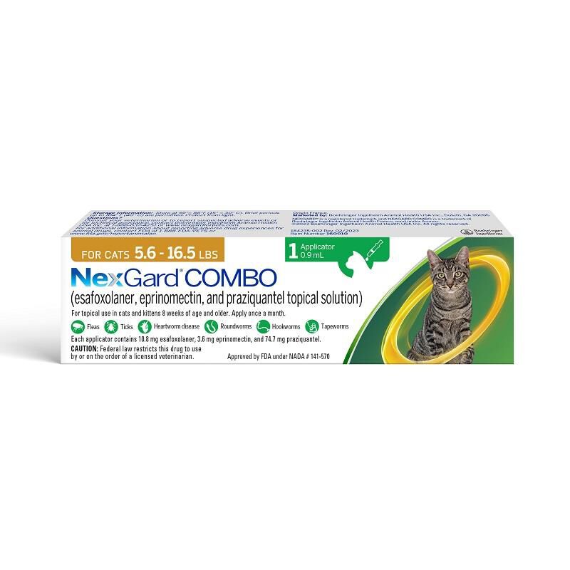 NexGard COMBO Flea, Tick & Heartworm Protection for Cats 5.6 lbs - 16.5 lbs Yellow, 1 Month Supply