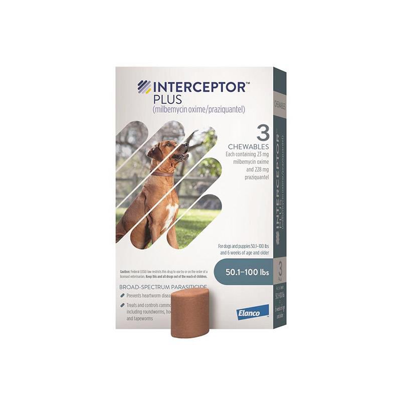 Interceptor Plus Chewable Tablets for Dogs 50.1-100 lbs Blue, 3 Month Supply