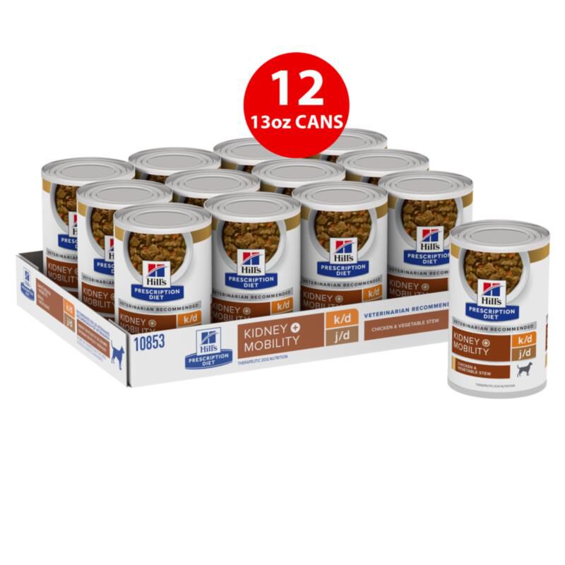 Hill's Prescription Diet k/d Kidney Care + Mobility Chicken & Vegetable Stew Flavor Wet Dog Food, 12 x 12.5 oz cans