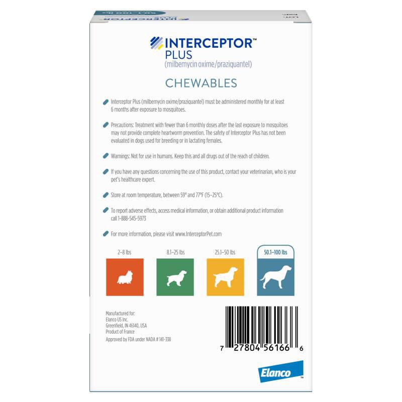 Interceptor Plus Chewable Tablets for Dogs 50.1-100 lbs Blue, 6 Month Supply