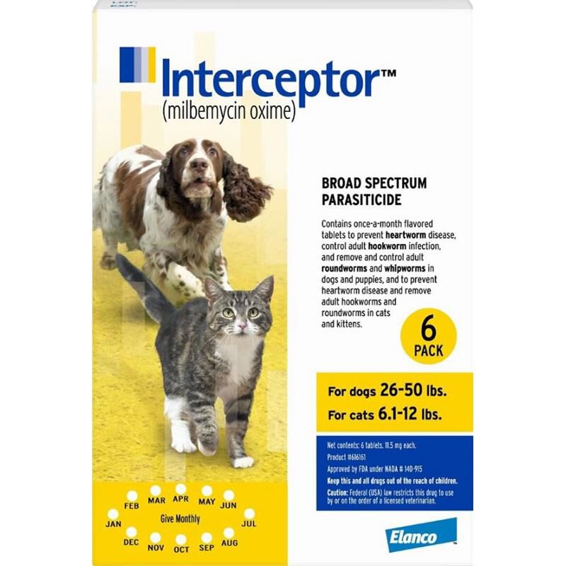 Interceptor  for Dogs and Cats 26-50 lbs Dogs / 6.1-12 lbs Cats 6 Month Supply Yellow