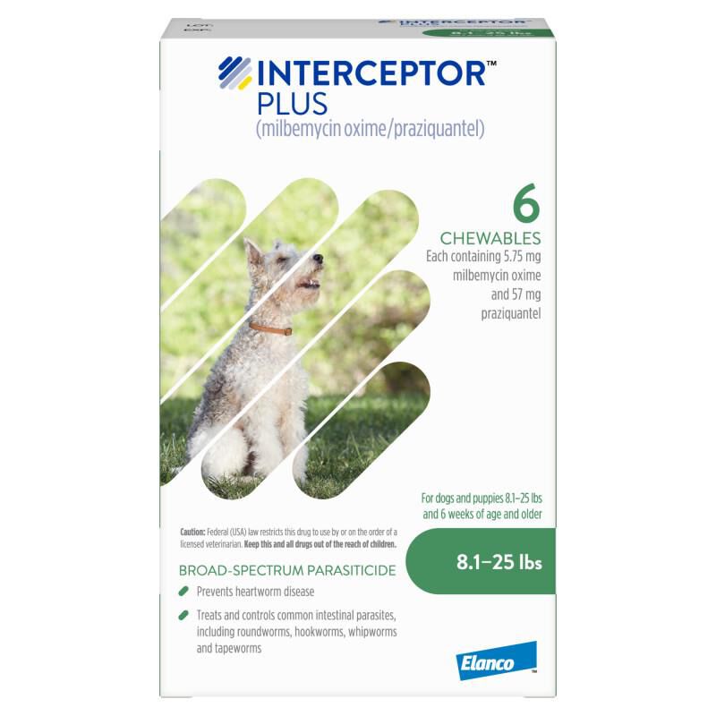 Interceptor Plus Chewable Tablets for Dogs 8.1-25 lbs Green, 6 Month Supply