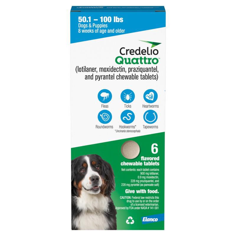 Credelio Quattro Flavored Chewable Tablet for Dogs & Puppies 50.1 - 100 lbs Blue 6 Month Supply