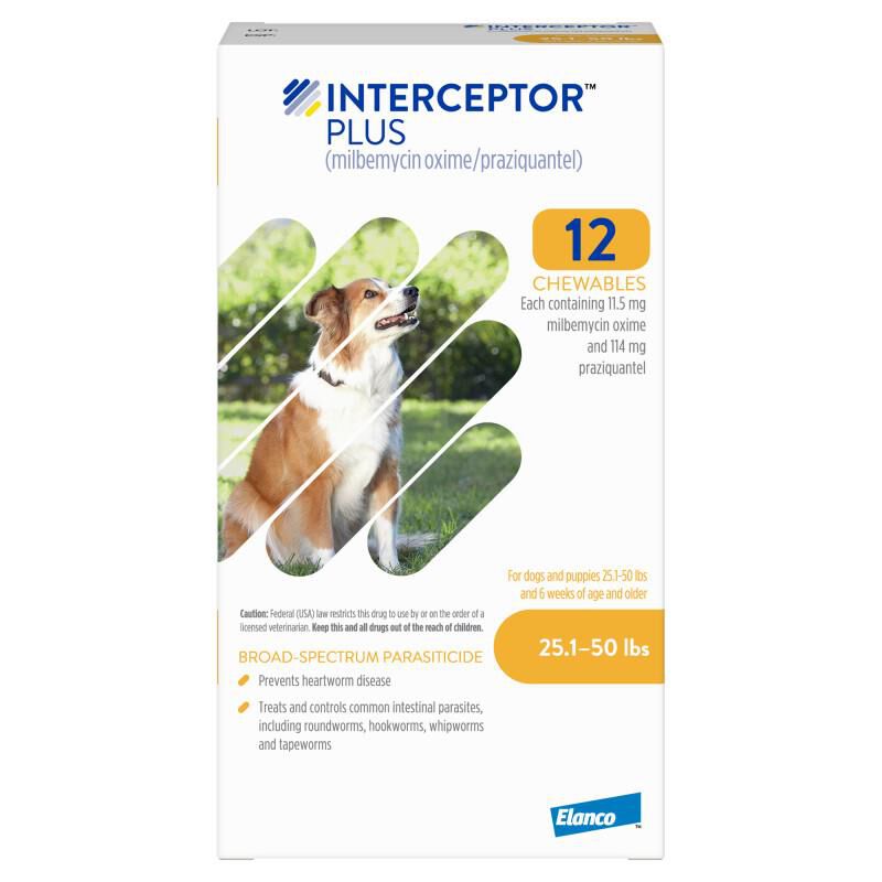 Interceptor Plus Chewable Tablets for Dogs 25.1-50 lbs Yellow, 12 Month Supply