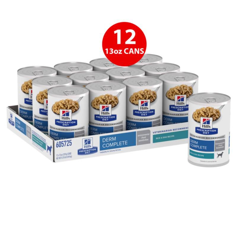 Hill's Prescription Diet Derm Complete Rice & Egg Recipe Wet Dog Food, 12 x 13 oz cans