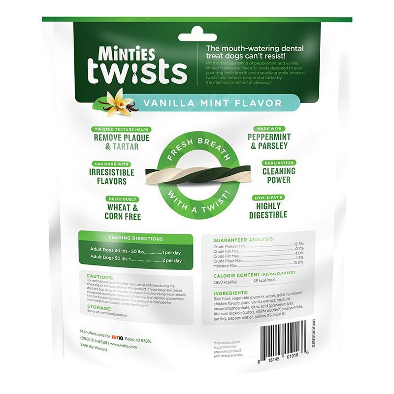 Minties Twists Large Dental Treats for Dogs 30+ lbs Vanilla Mint Flavor 12 oz