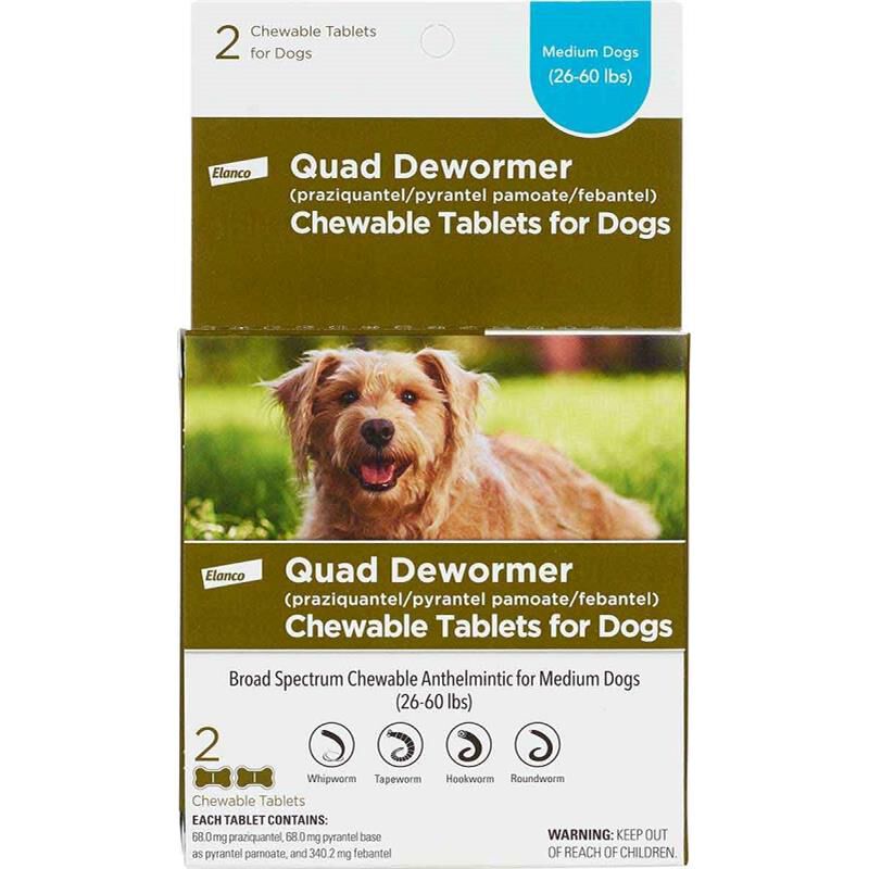 Quad Dewormer Chewable Tablets for Dogs, Medium Dogs (26-60 lbs) 2 Chew Tabs