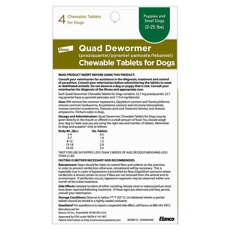 Quad Dewormer Chewable Tablets for Dogs, Puppies and Small Dogs (2-25 lbs) 4 Chew Tabs