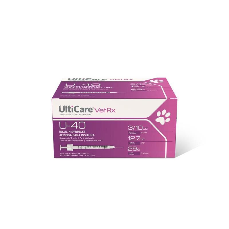 UltiCare VetRx U-40 Insulin Syringes, 0.3cc - 29G x 12.7mm (0.5"), 100ct Box