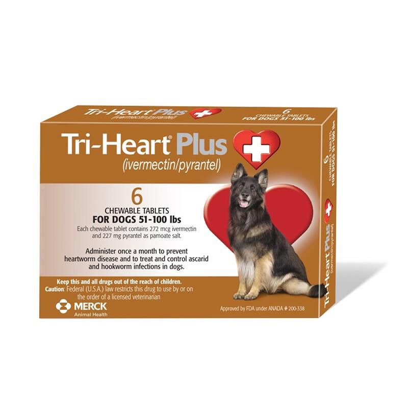 Tri-Heart Plus Chewable Tablets for Dogs 51-100 lbs Brown, 6 Month Supply