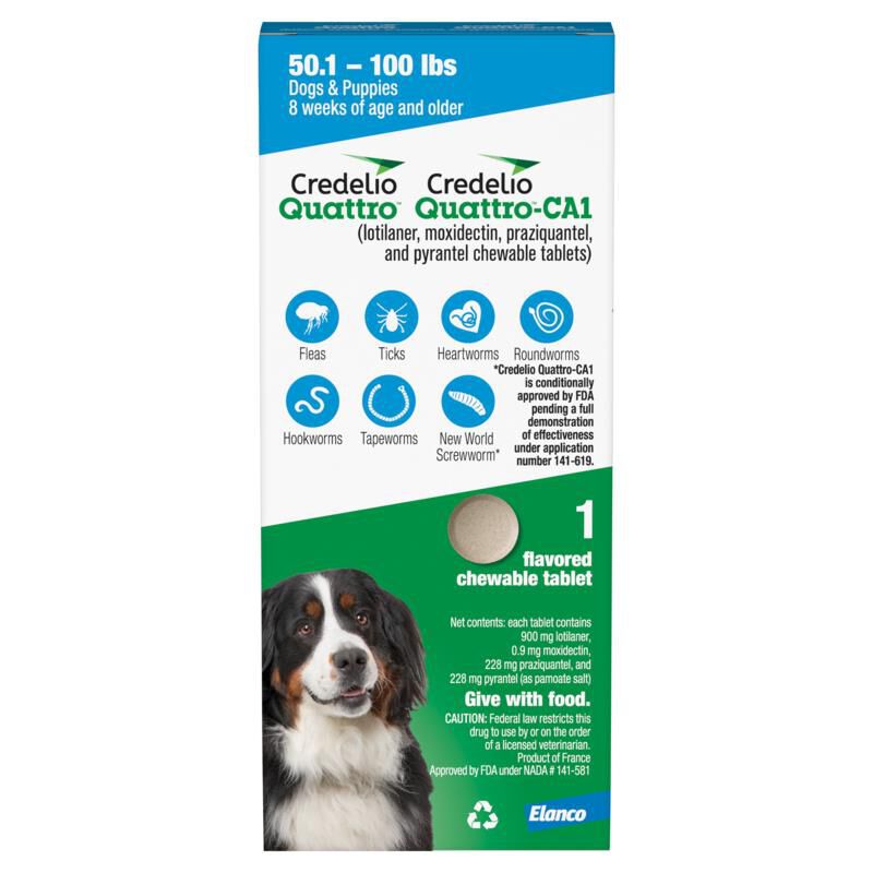 Credelio Quattro Flavored Chewable Tablet for Dogs & Puppies 50.1 - 100 lbs Blue 1 Month Supply