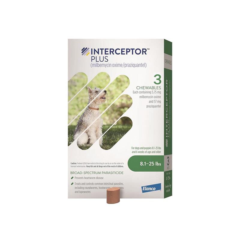 Interceptor Plus Chewable Tablets for Dogs 8.1-25 lbs Green, 3 Month Supply