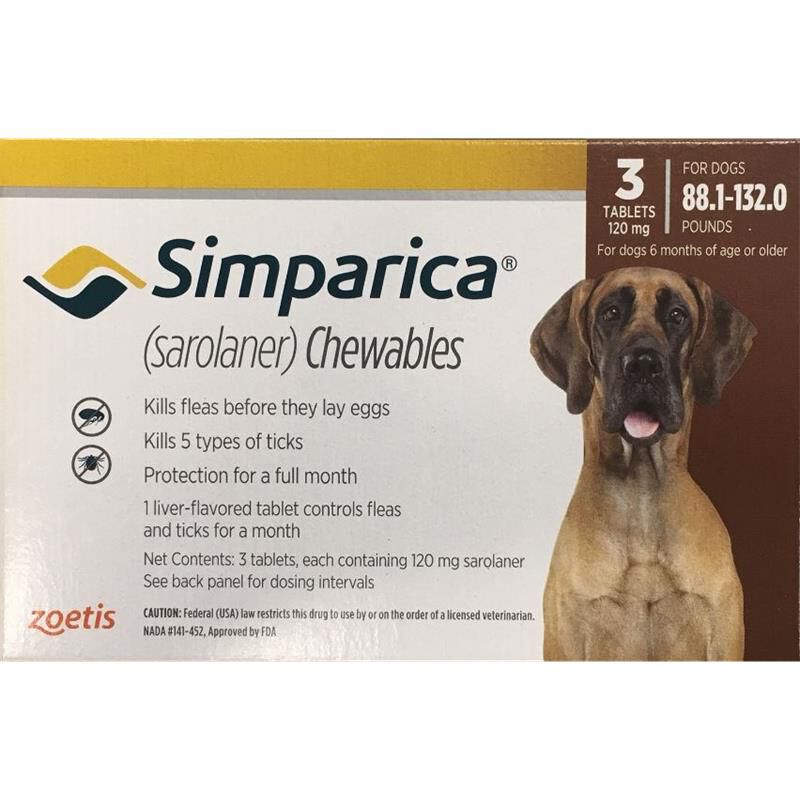 Simparica Chewable Tablets for Dogs 88-132 lbs Brown, 3 Month Supply