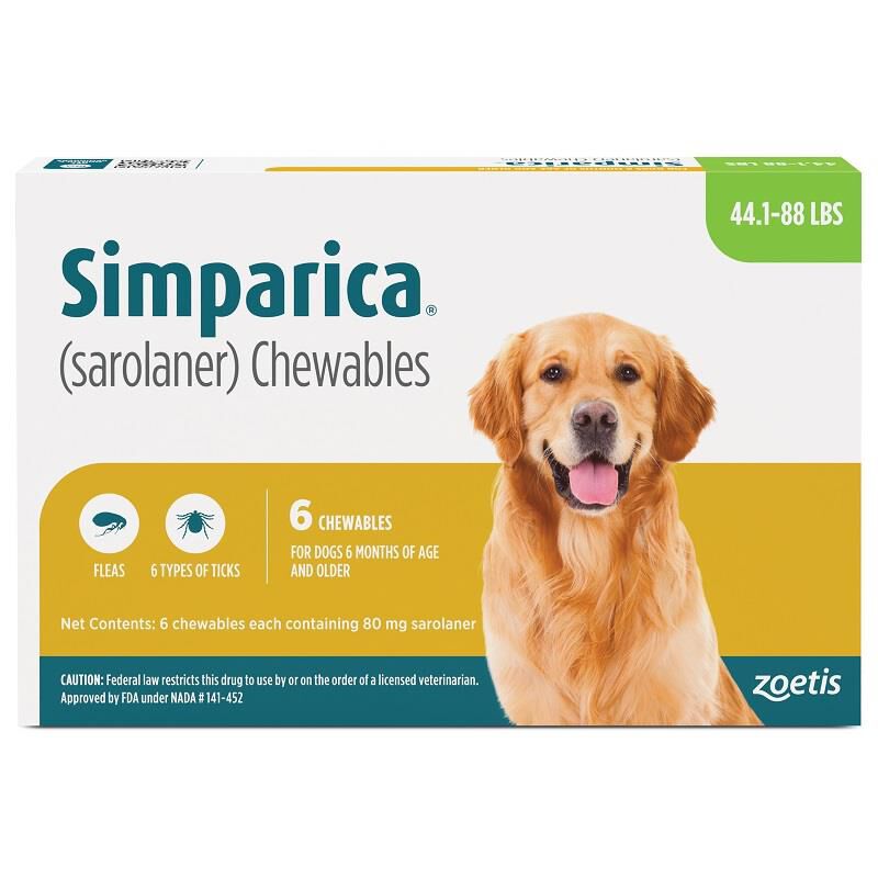 Simparica Chewable Tablets for Dogs 44-88 lbs Green, 6 Month Supply