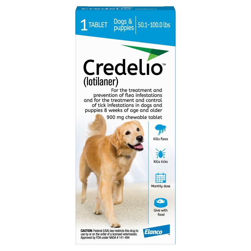 Credelio Flea & Tick Chewable Tablets for Dogs & Puppies 50.1-100 lbs (900 mg) Blue 1 Month Supply