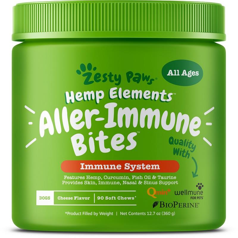 Zesty Paws Hemp Elements Aller-Immune Bites Immune System Supplement for Dogs Cheese Flavor, 90 soft