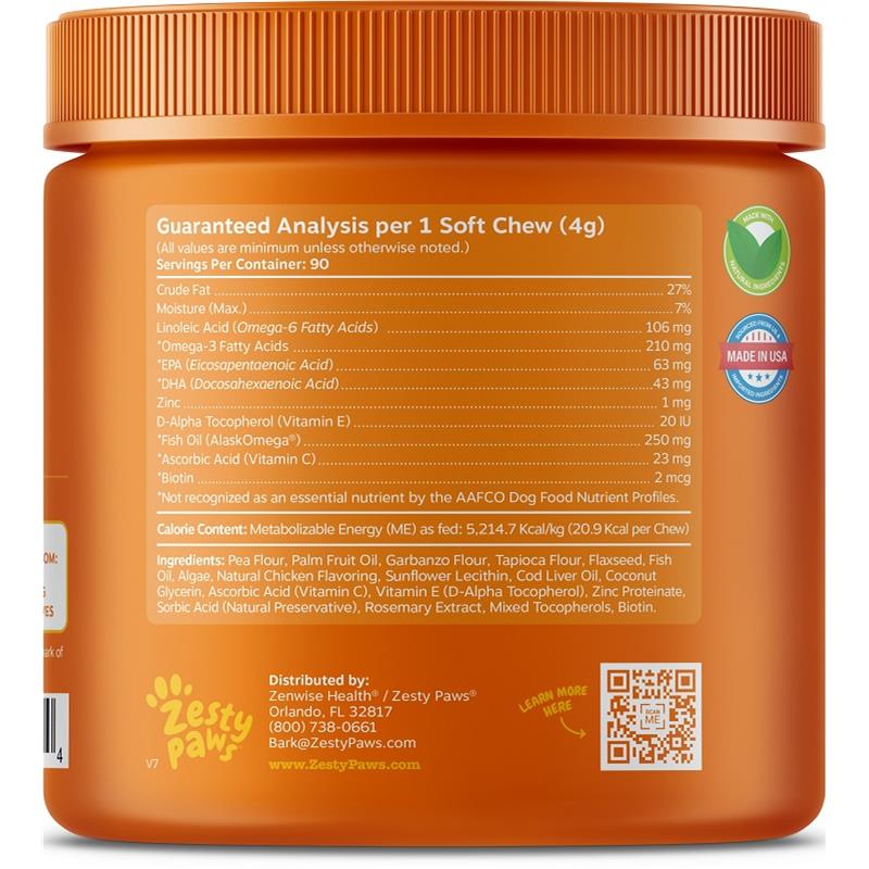 Zesty Paws Omega Bites Skin & Coat Supplement for Dogs Chicken Flavor, 90 soft chews Allivet