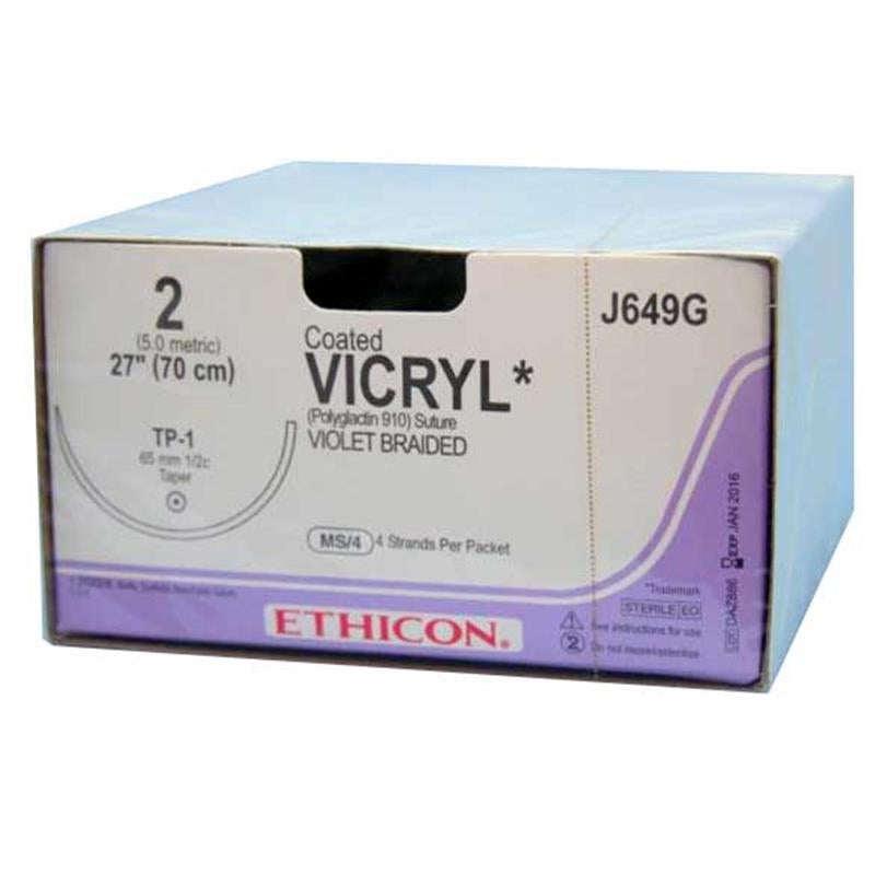 Ethicon Suture, Taper Point, Size 2, 4-27\", Violet Braided, Needle TP-1, 1/2 Circle, Box of 12