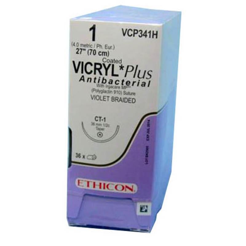 Ethicon Suture, Taper Point, Size 1, 27\", Violet Braided, Needle CT-1, 1/2 Circle, Box of 36