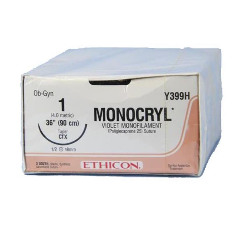 Ethicon Suture, Taper Point, Size 1, 36\", Violet Monofilament, Needle CTX, 1/2 Circle, Box of 36