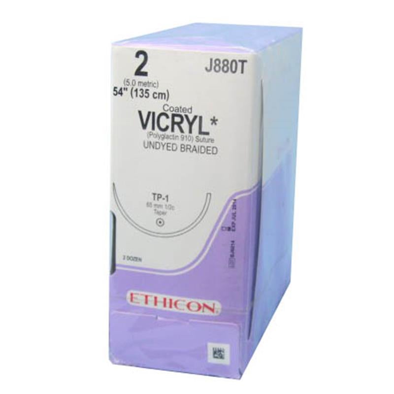 Ethicon Suture, Taper Point, Size 2-0, 54\", Undyed Braided, Needle TP-1, 1/2 Circle, Box of 24