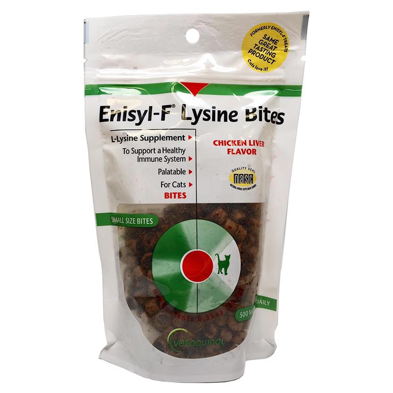 Enisyl-F Lysine Bites are a palatable source of L-Lysine. Supplemental administration of L- Lysine has been shown to reduce the severity and duration of feline herpes virus infections. In small size bites and chicken liver flavor.