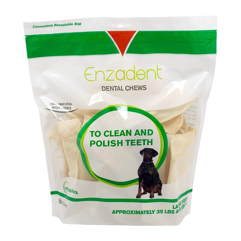 Enzadent Oral Care Chews for Dogs combine the enzymes found in your dog's saliva with the abrasive texture of the beef hide chew and their natural chewing action to remove food particles and plaque from their teeth and gums to keep them clean and healthy. Available for petite/small dogs, medium dogs and large dogs.