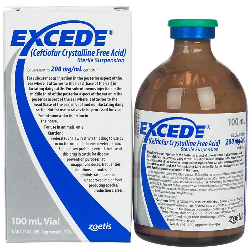 Excede (Ceftiofur Crystalline Free Acid) Sterile Suspension is an antibiotic indicated for the treatment of bovine respiratory disease (BRD), foot rot, for the control of respiratory disease in cattle at high risk for developing BRD, and for the treatment of lower respiratory tract infections in horses. Available in 100 ml and 250 ml vials.