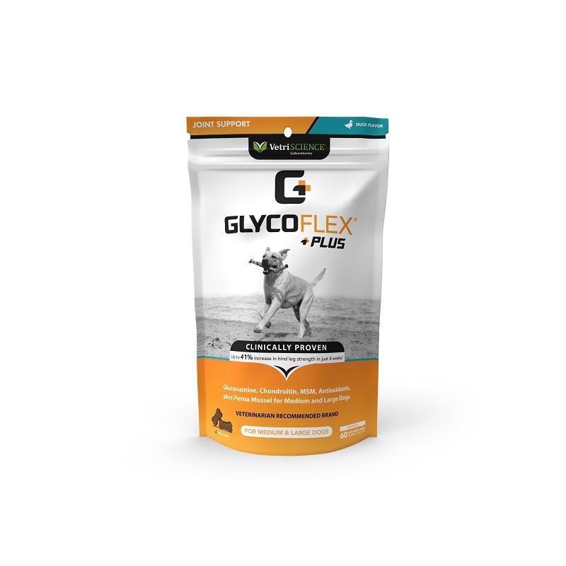Vetri-Science Glyco-Flex Plus for Dogs Over 30 lbs is a duck flavored chew recommended for dogs of all ages needing advanced joint support. It is specially made for the needs of dogs over 30 lbs and is clinically proven to increase hind leg strength by up to 41% in just four weeks. Available in a 60 ct soft chew resealable bag.