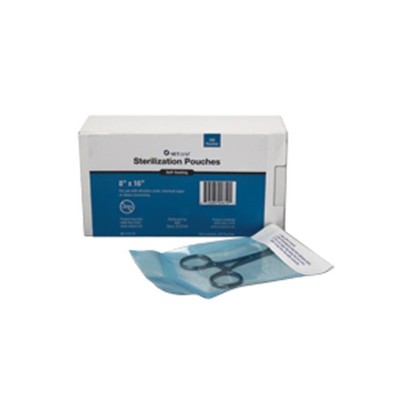 VetOne Sterilization Pouches help keep surgical materials or items sterile. They are produced from the finest surgical grade paper together with a multi-layer fracture free tinted blue film, which provides a clean fiber-free peel. The self-seal adhesive tape has been tested in all sterilization atmospheres in order to ensure a 100% fail-resistant seal. These self-sealing pouches can be used with ethylene oxide or steam. They come in boxes of 200 and are available in sizes of : 7.5" x 13", 8" x 16" or 12" x 18".