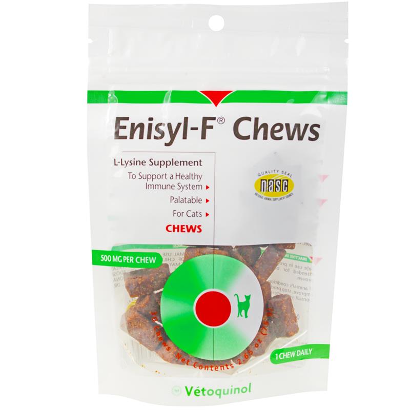 Enisyl-F Chews for Cats are a veterinarian formulated supplement for cats which supports a healthy immune system, including respiratory health and normal eye function. The amino acid L-Lysine found in Enisyl-F Chews helps treat upper respiratory infections (URIs) and feline herpes by reducing the risk of flare ups and lessening the severity of the symptoms. Available in 30 tasty hickory smoke flavored chews.