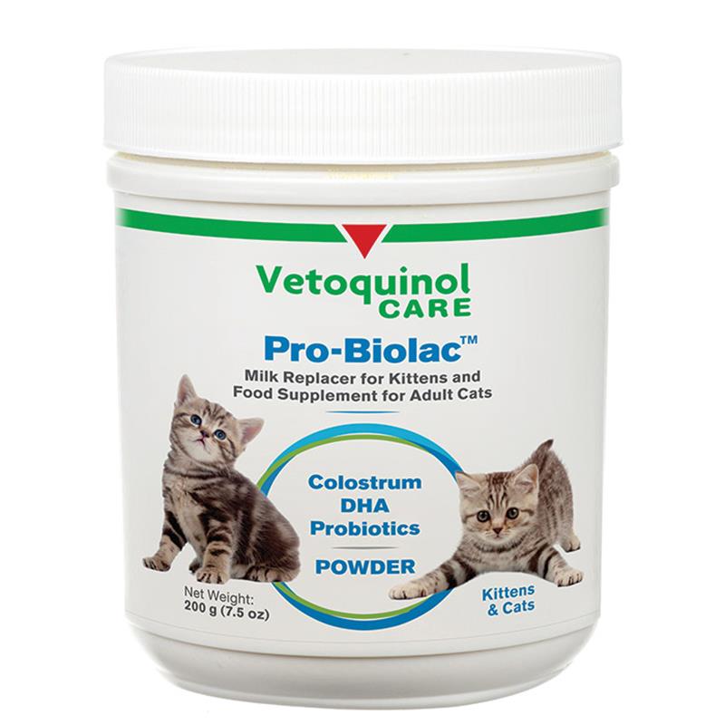 Pro-Biolac Milk Replacer Powder for Kittens is a nutritionally complete milk replacer to be fed as a nutritional supplement when the supply of queen’s milk is inadequate or as the sole ration for orphan kittens. When indicated, Pro-Biolac may be used to fortify the ration of queens to help meet the increased nutritional requirements in late gestation and early lactation. *Whenever possible kittens should receive colostrum (queen’s first milk) for the first 2 days, since this supplies antibodies essential to disease resistance in early life. Available in 50 g powder bottle or 200 g powder container.