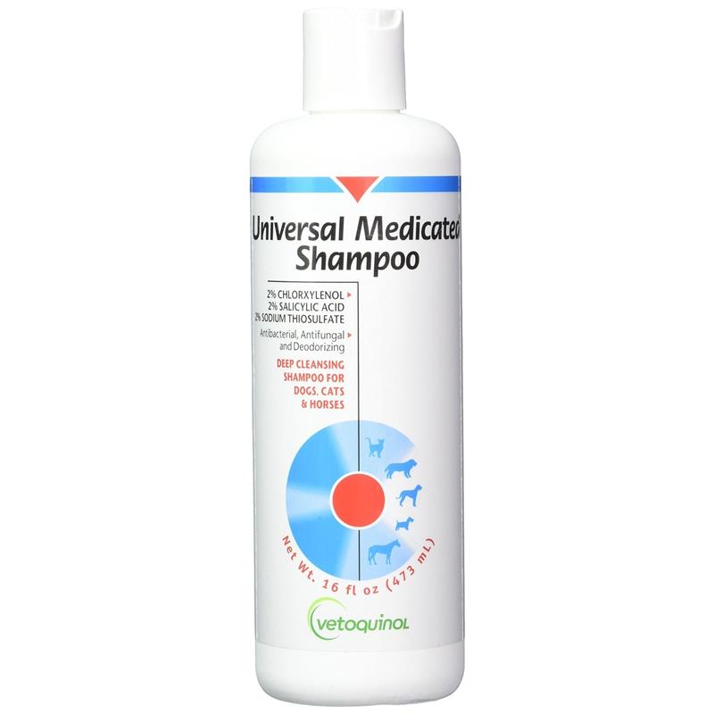 Universal Medicated Shampoo for Dogs and Cats may be used as adjunctive therapy for most dermatological conditions. This shampoo has deep cleansing action. It removes scales and crusts. It is antibacterial and antifungal, deodorizing and is gentle enough for routine use. Available in 16 oz bottle or gallon container.